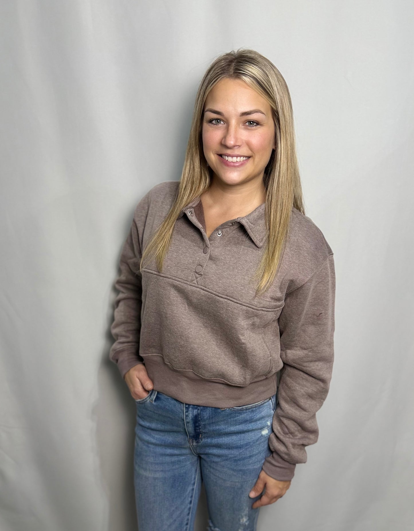 Walnut Collar Snap Buttoned Sweatshirt - True to size