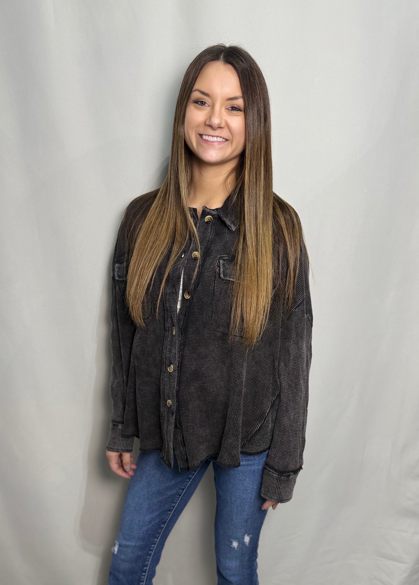 Black Mineral Wash Thermal Oversized Jacket