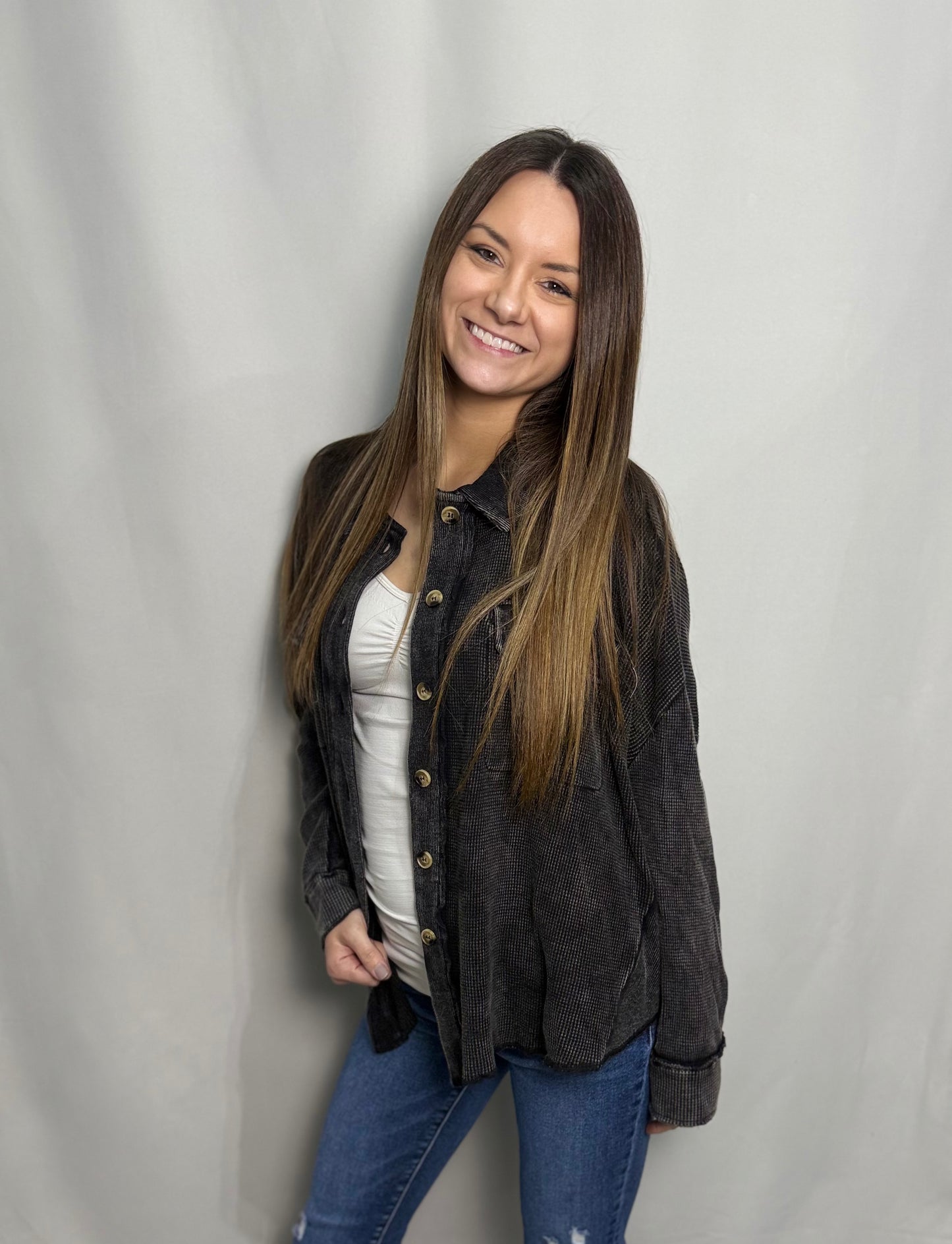 Black Mineral Wash Thermal Oversized Jacket