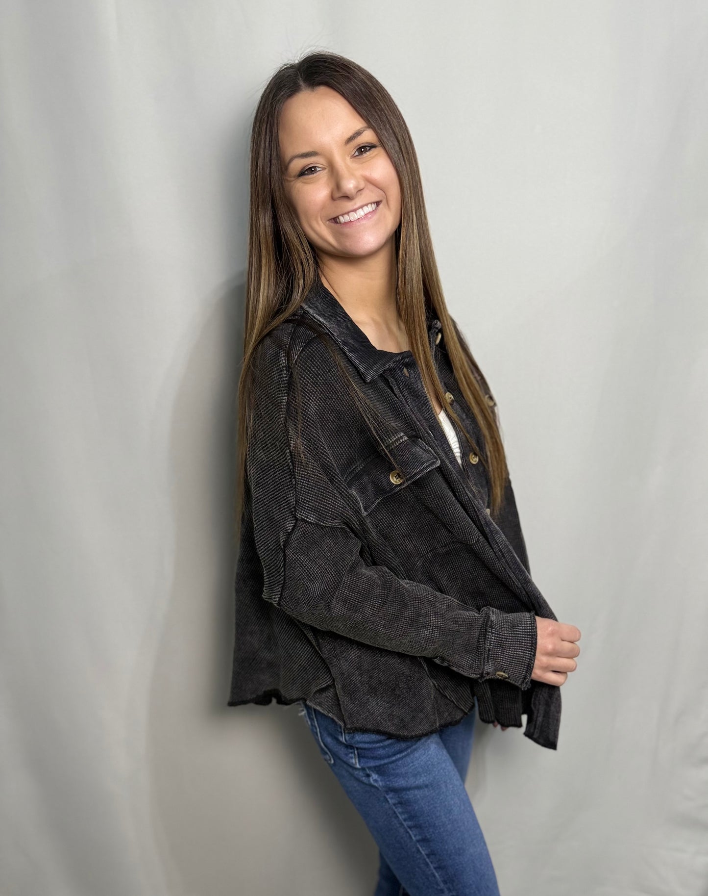 Black Mineral Wash Thermal Oversized Jacket