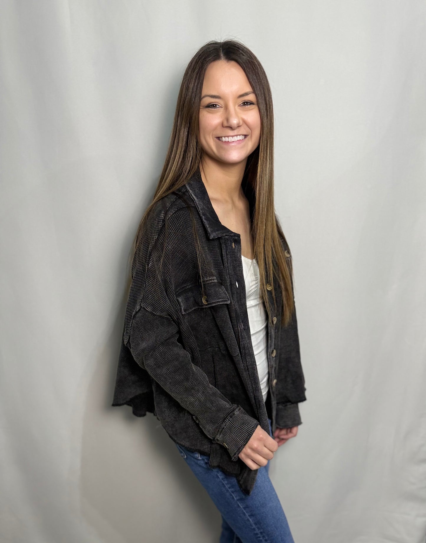 Black Mineral Wash Thermal Oversized Jacket