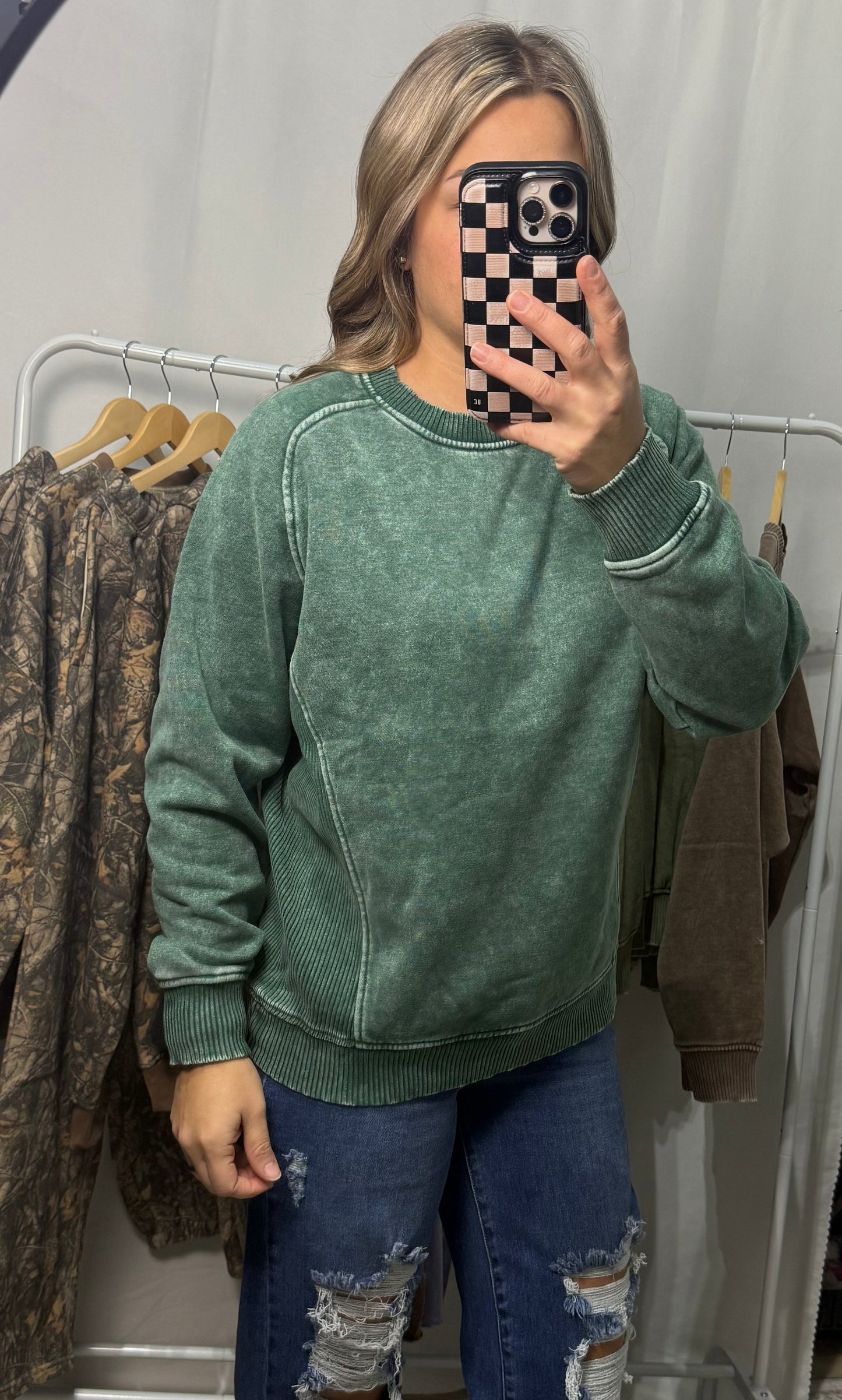Side Ribbed Acid Wash Pullover - Dark Green