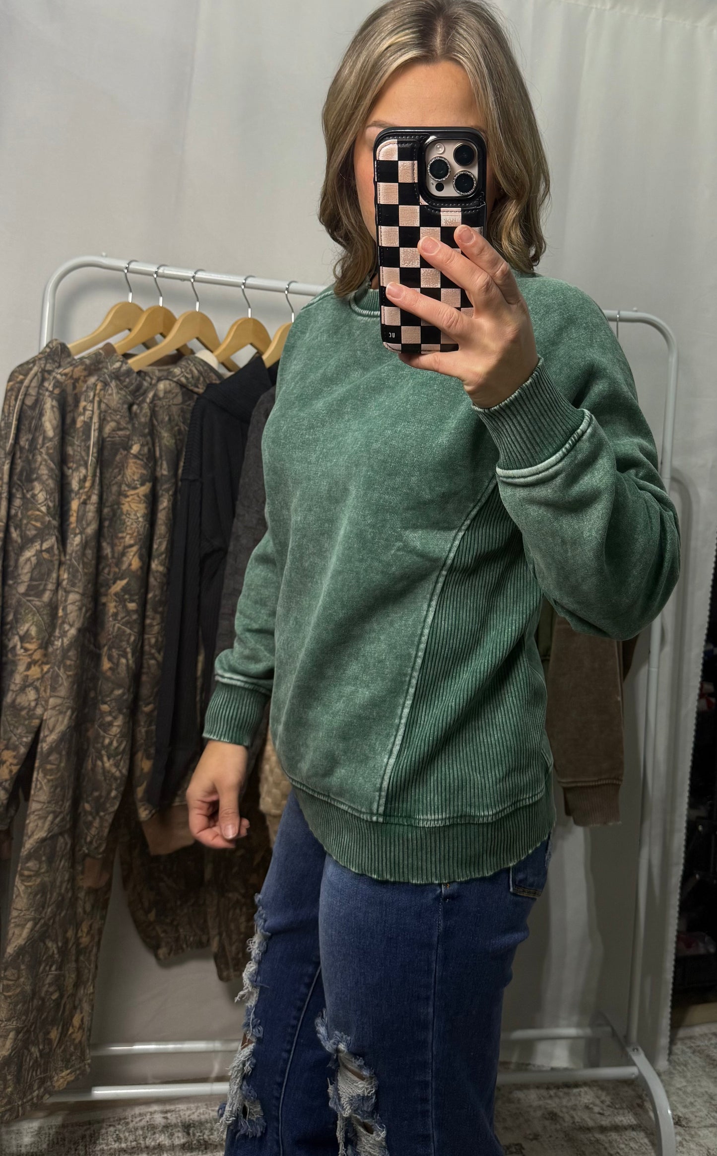 Side Ribbed Acid Wash Pullover - Dark Green