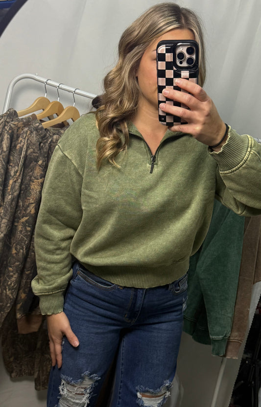 Acid Wash Quarter Zip - Light Olive