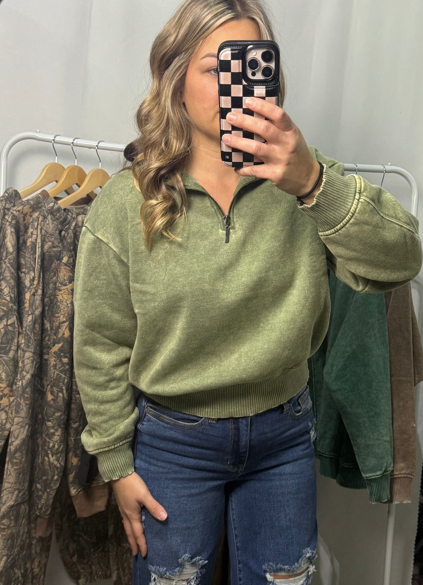 Acid Wash Quarter Zip - Light Olive