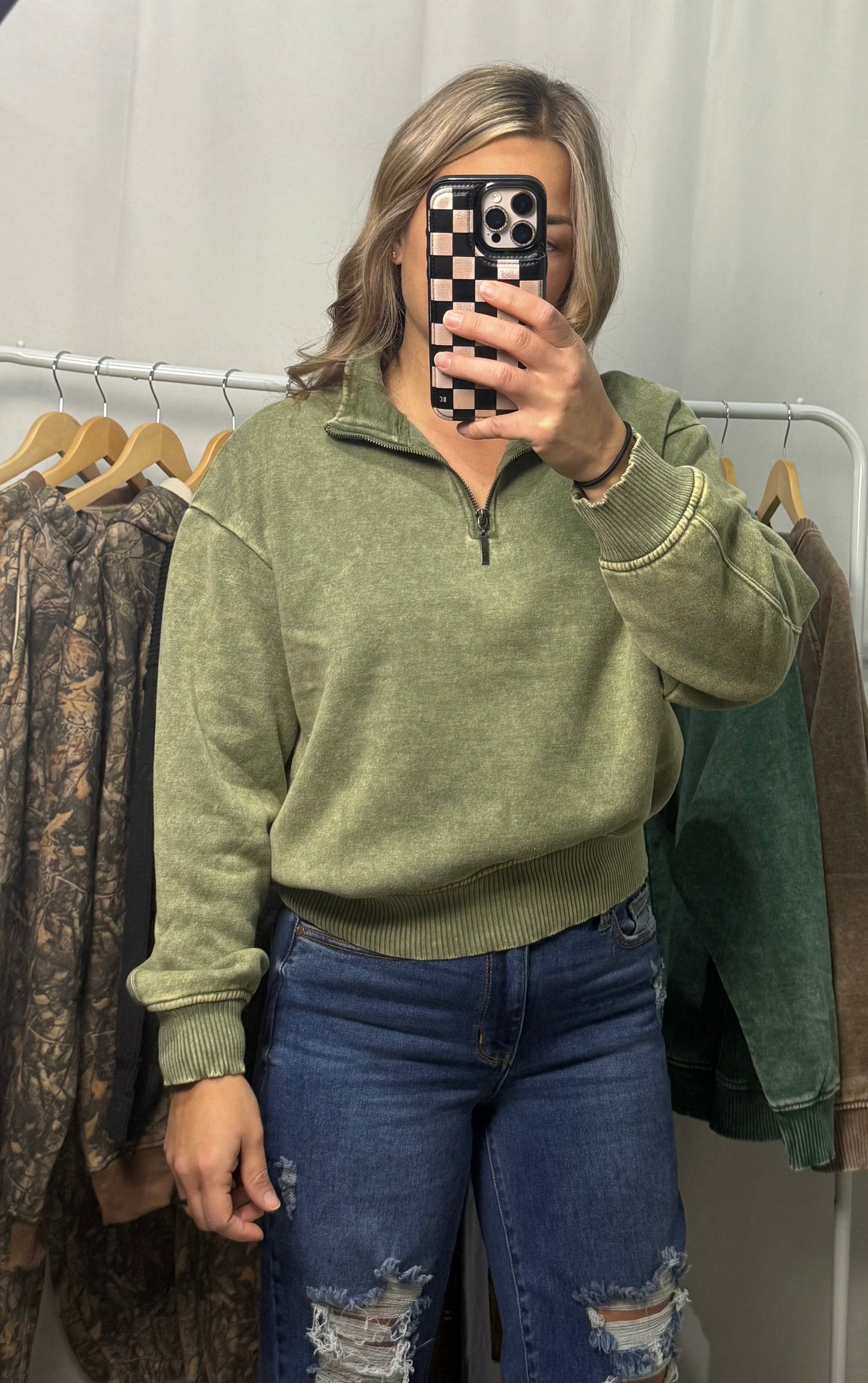Acid Wash Quarter Zip - Light Olive