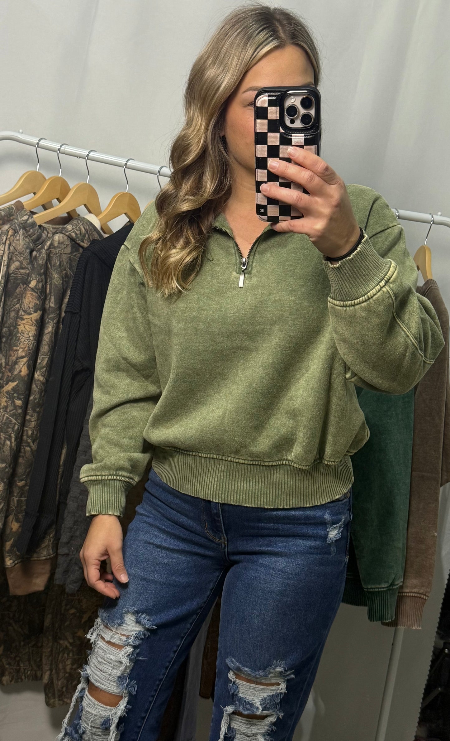 Acid Wash Quarter Zip - Light Olive