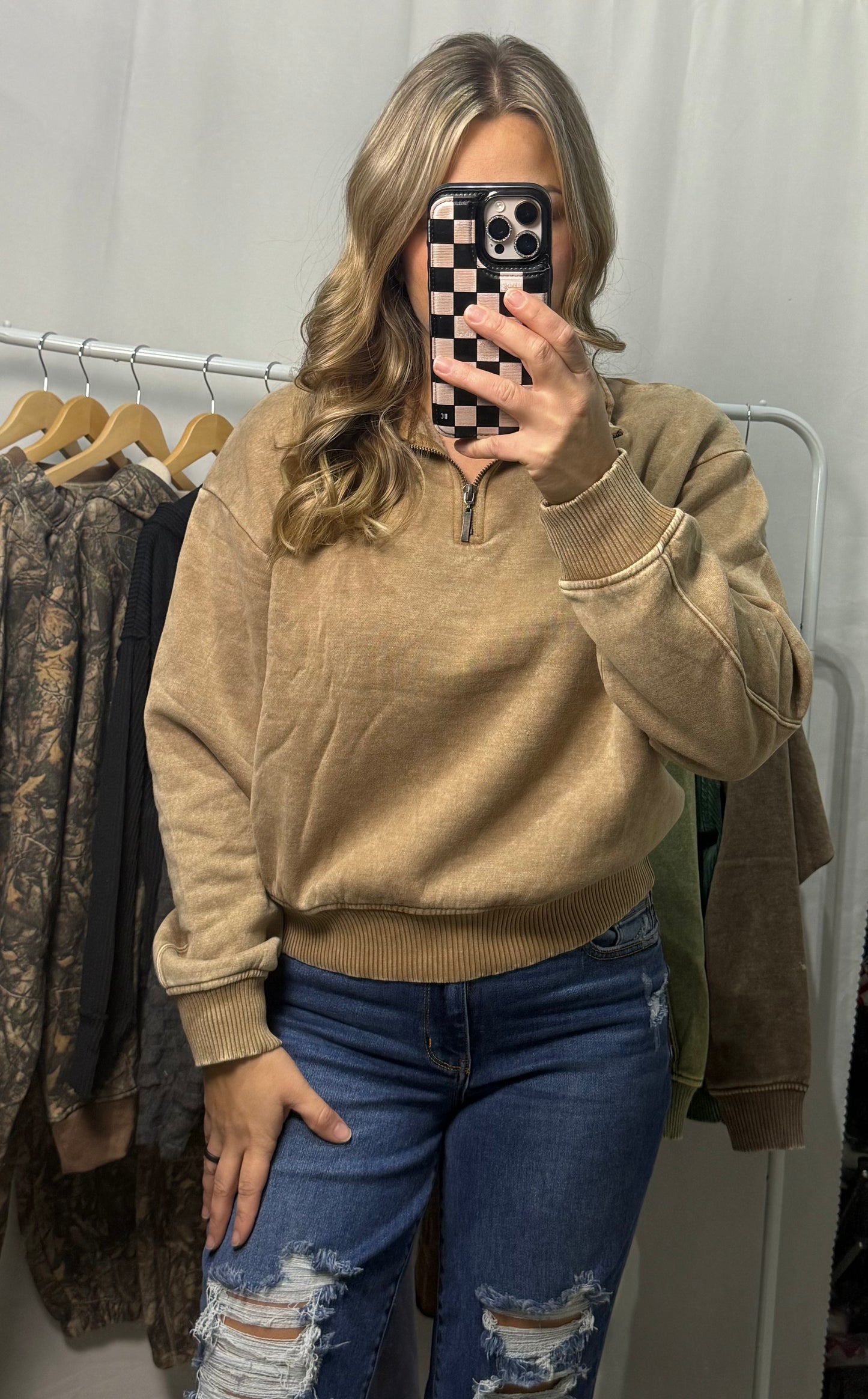 Acid Wash Quarter Zip - Deep Camel