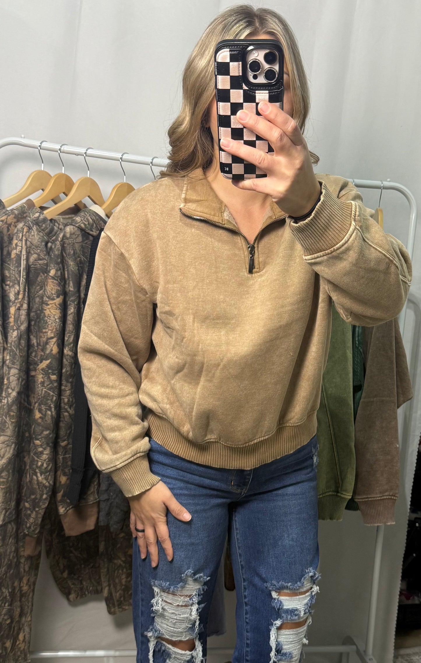Acid Wash Quarter Zip - Deep Camel