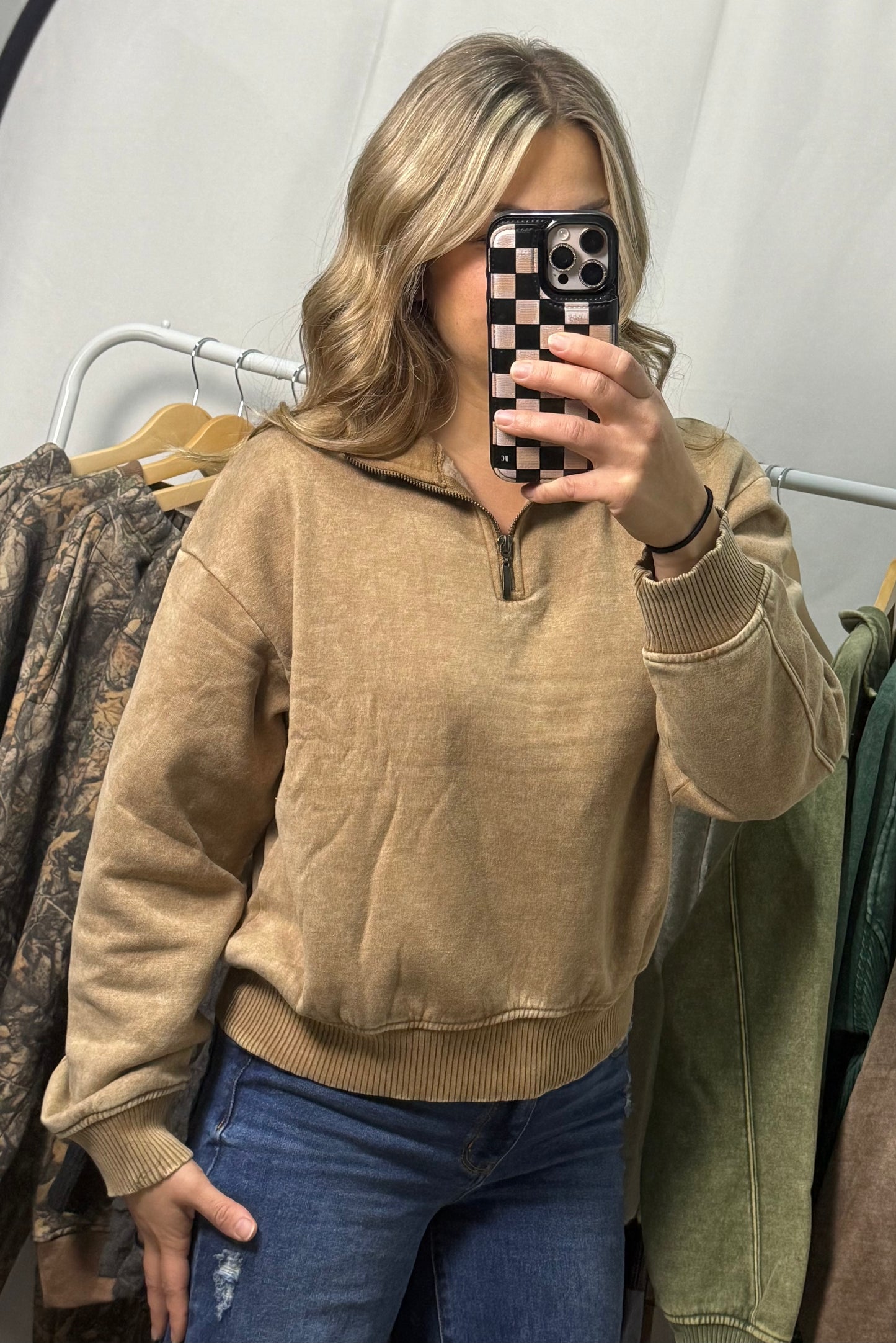 Acid Wash Quarter Zip - Deep Camel