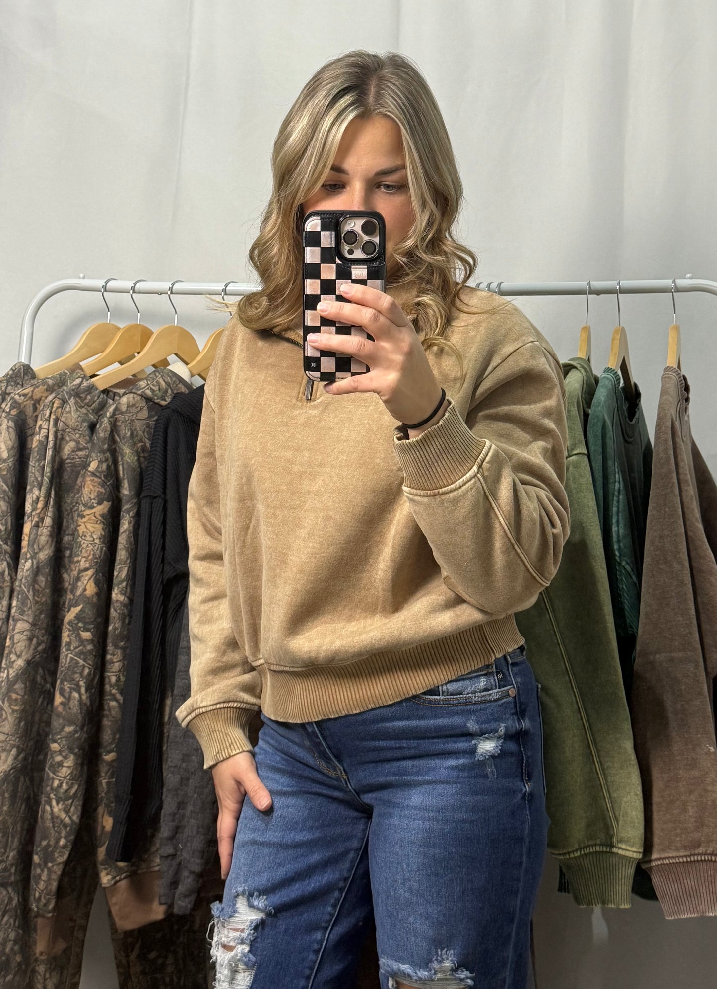 Acid Wash Quarter Zip - Deep Camel