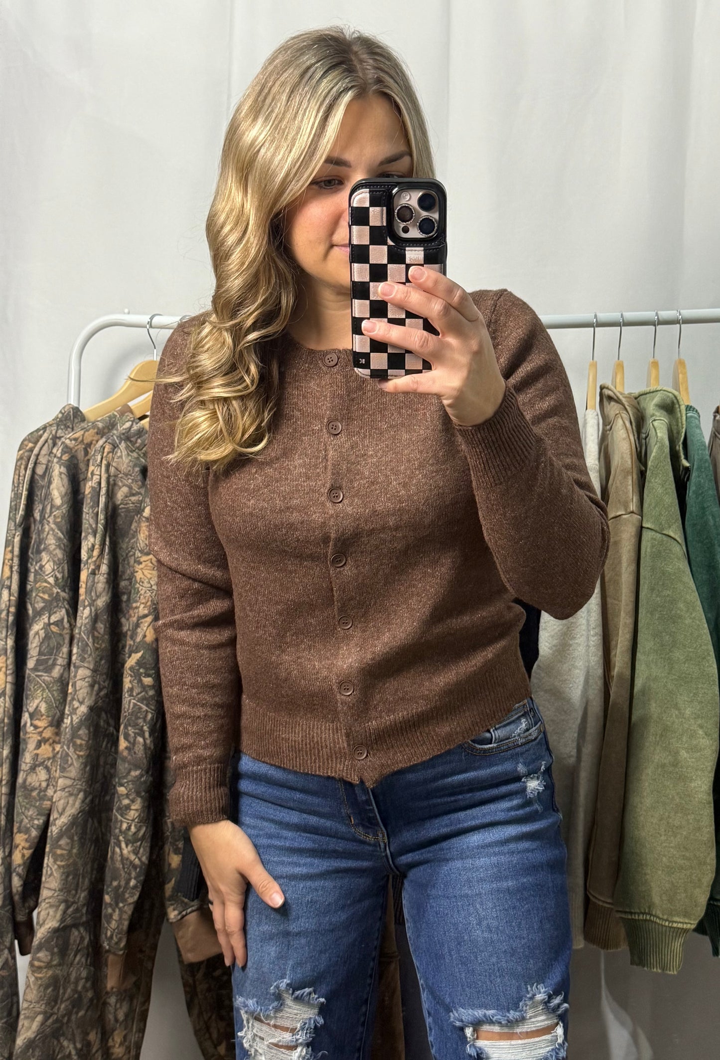 Round neck button Cardigan - Brown