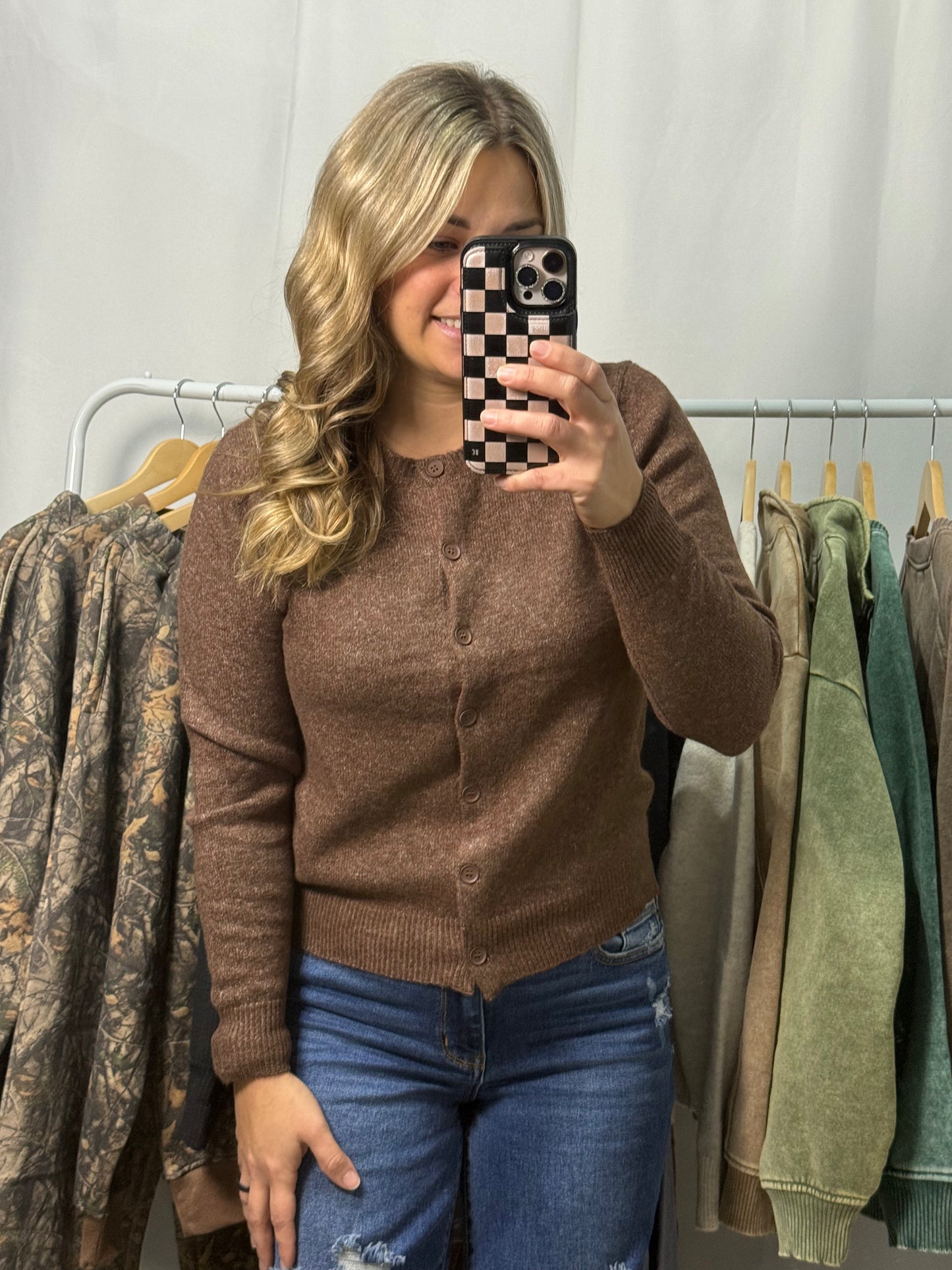 Round neck button Cardigan - Brown