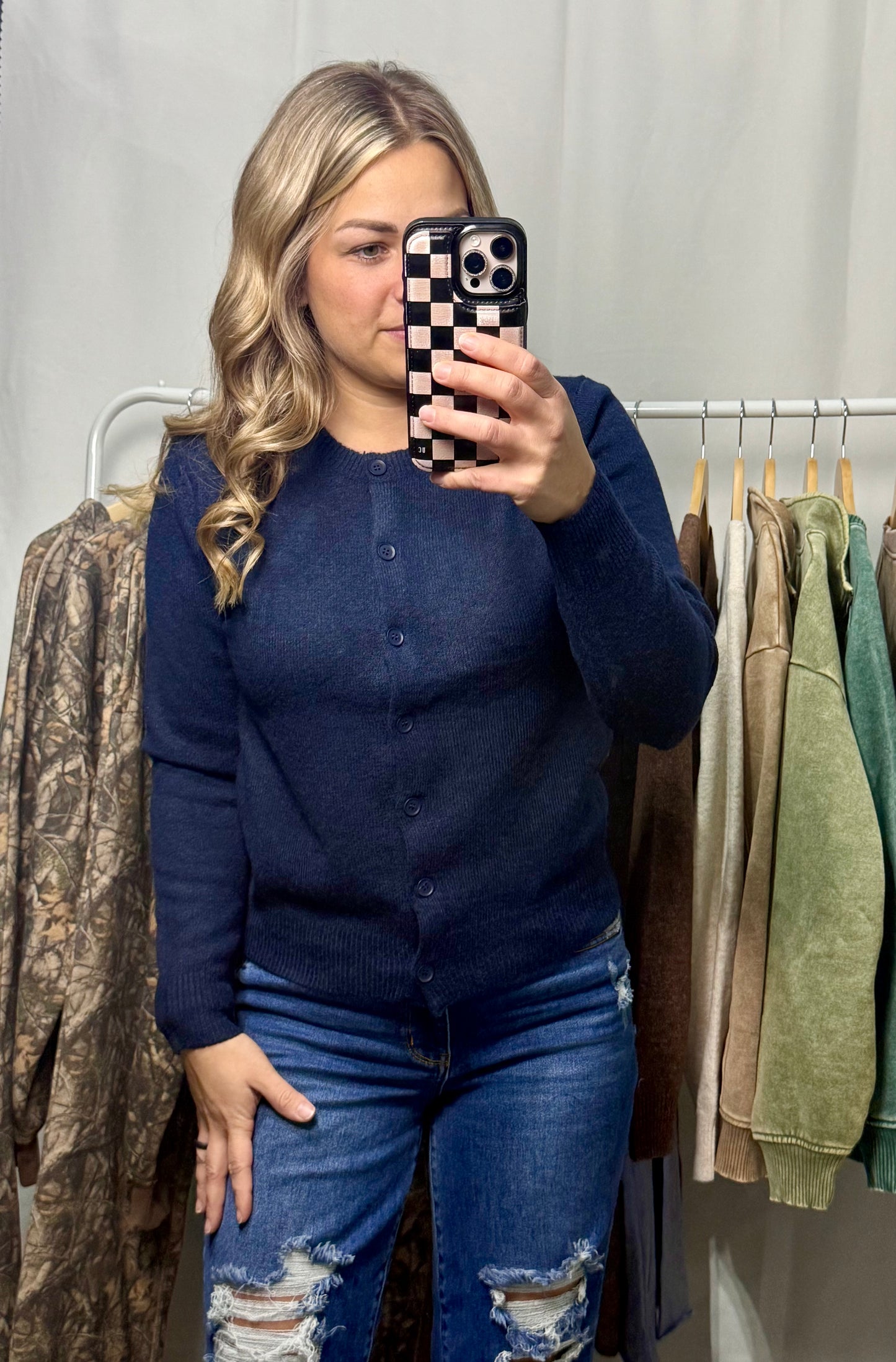 Round neck button Cardigan - Navy