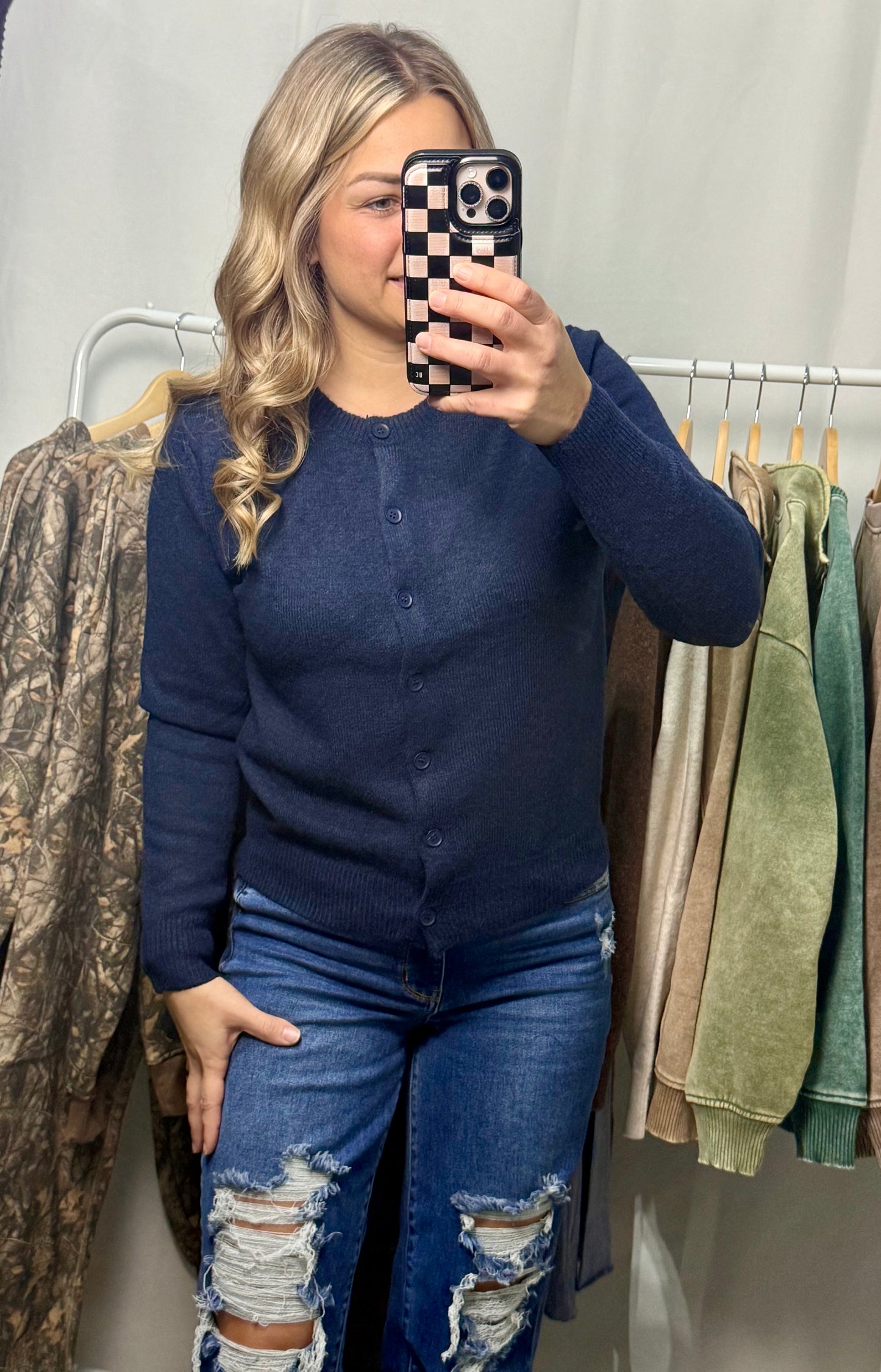 Round neck button Cardigan - Navy