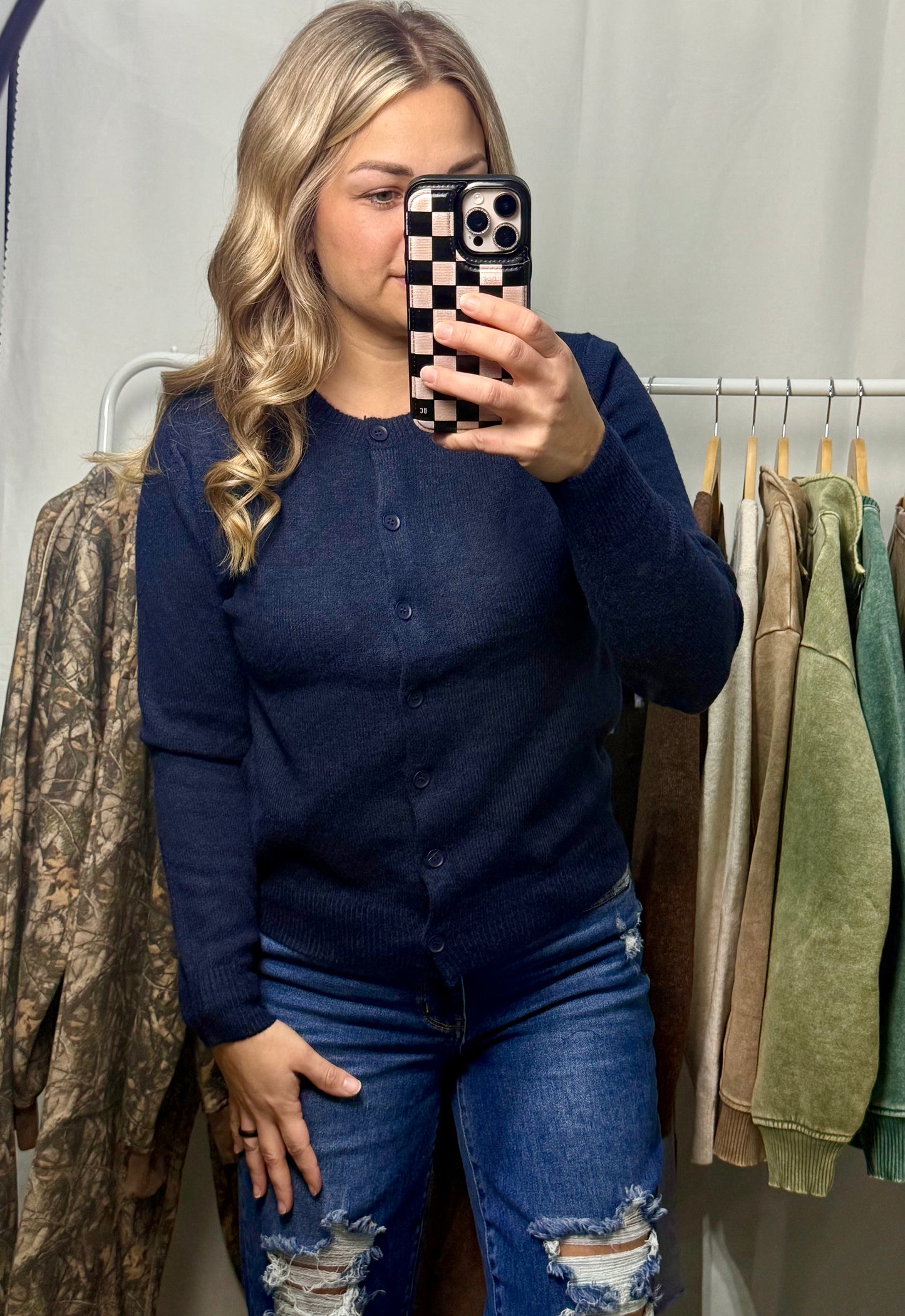 Round neck button Cardigan - Navy