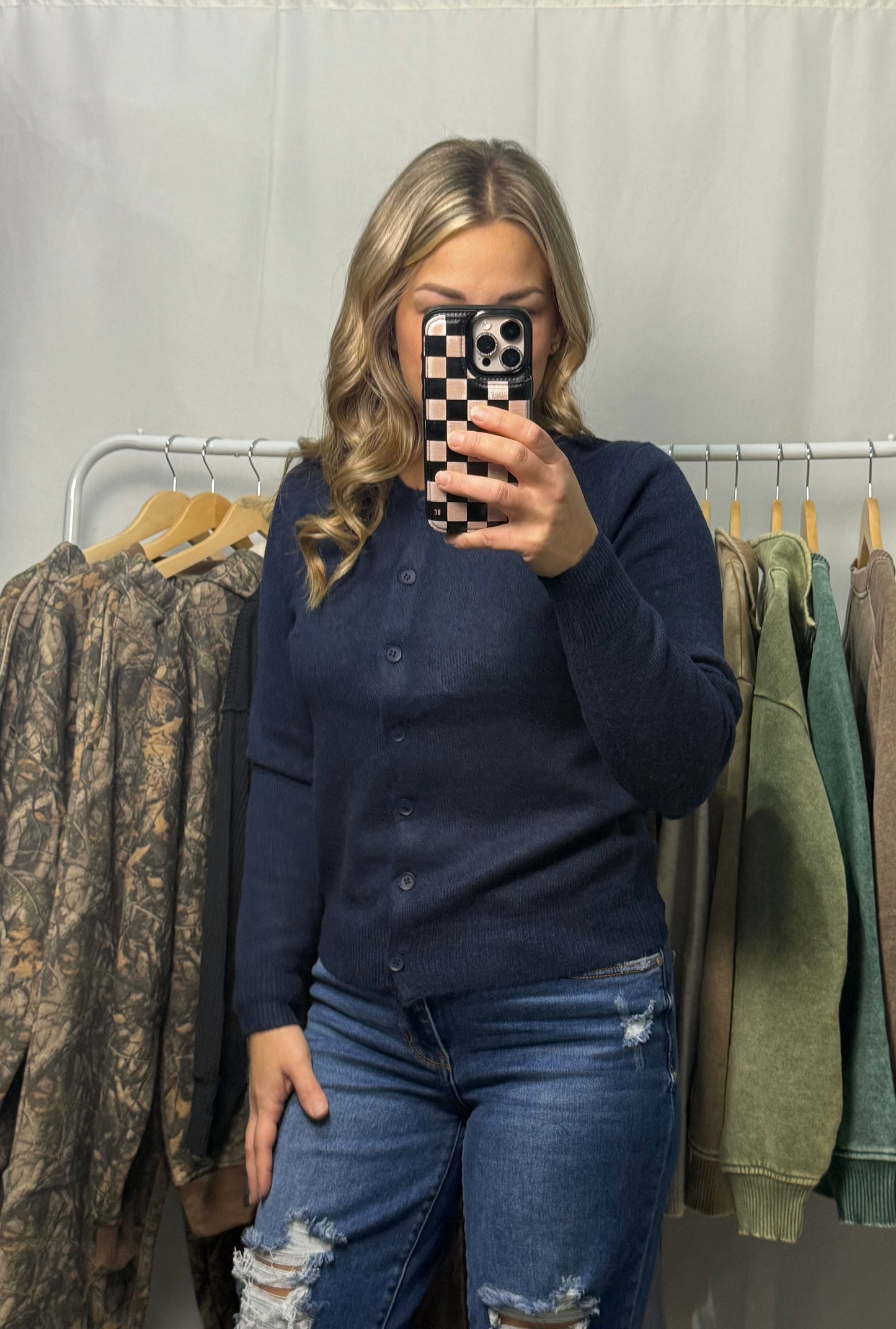 Round neck button Cardigan - Navy