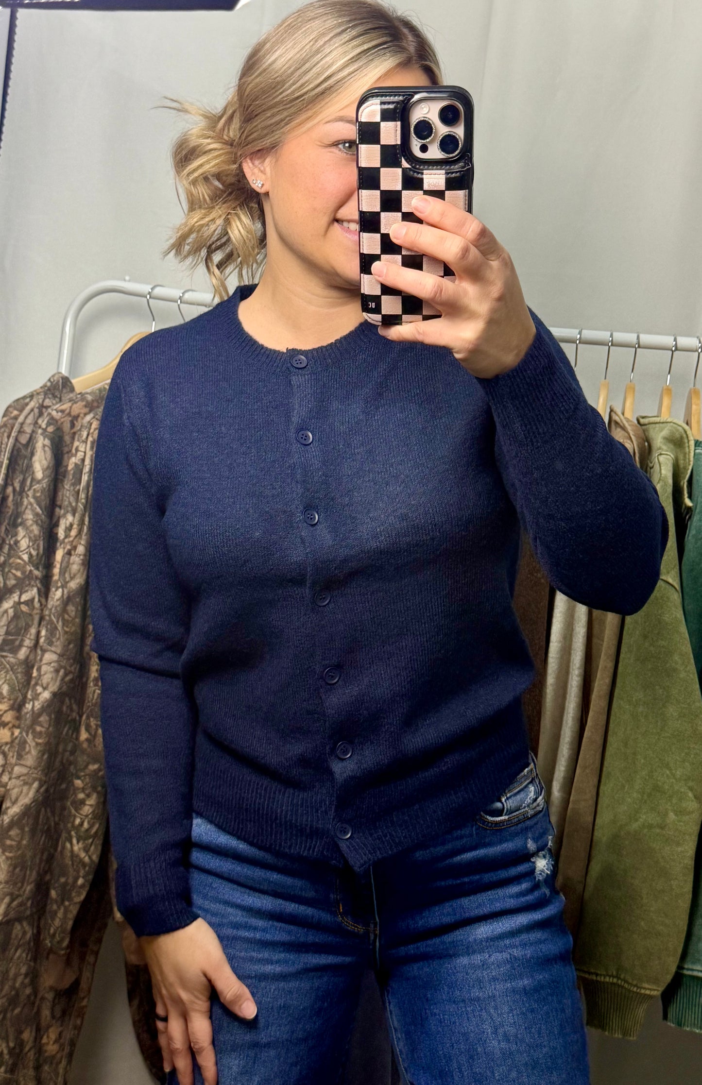 Round neck button Cardigan - Navy