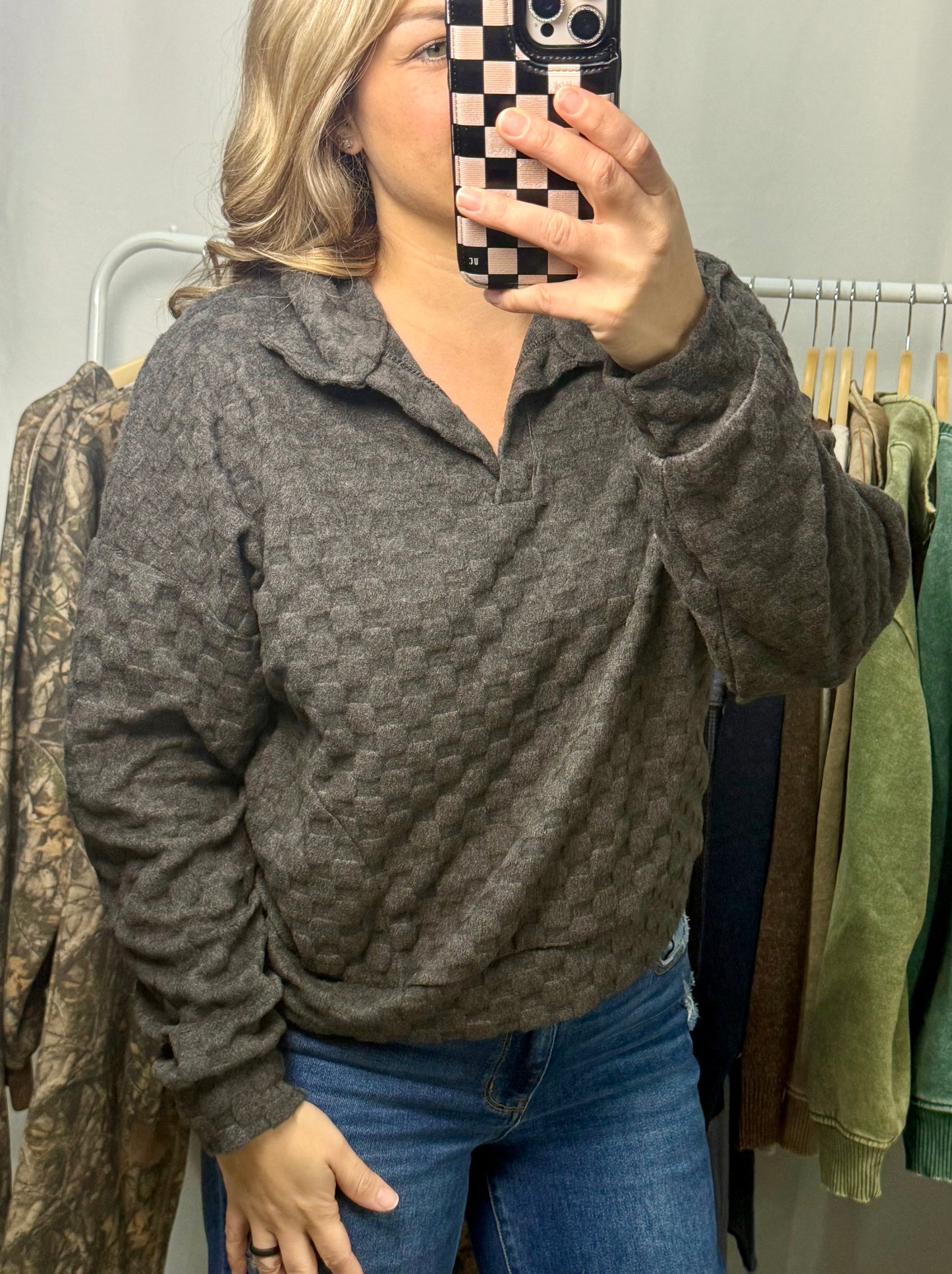 Textured Collared Pullover - Charcoal