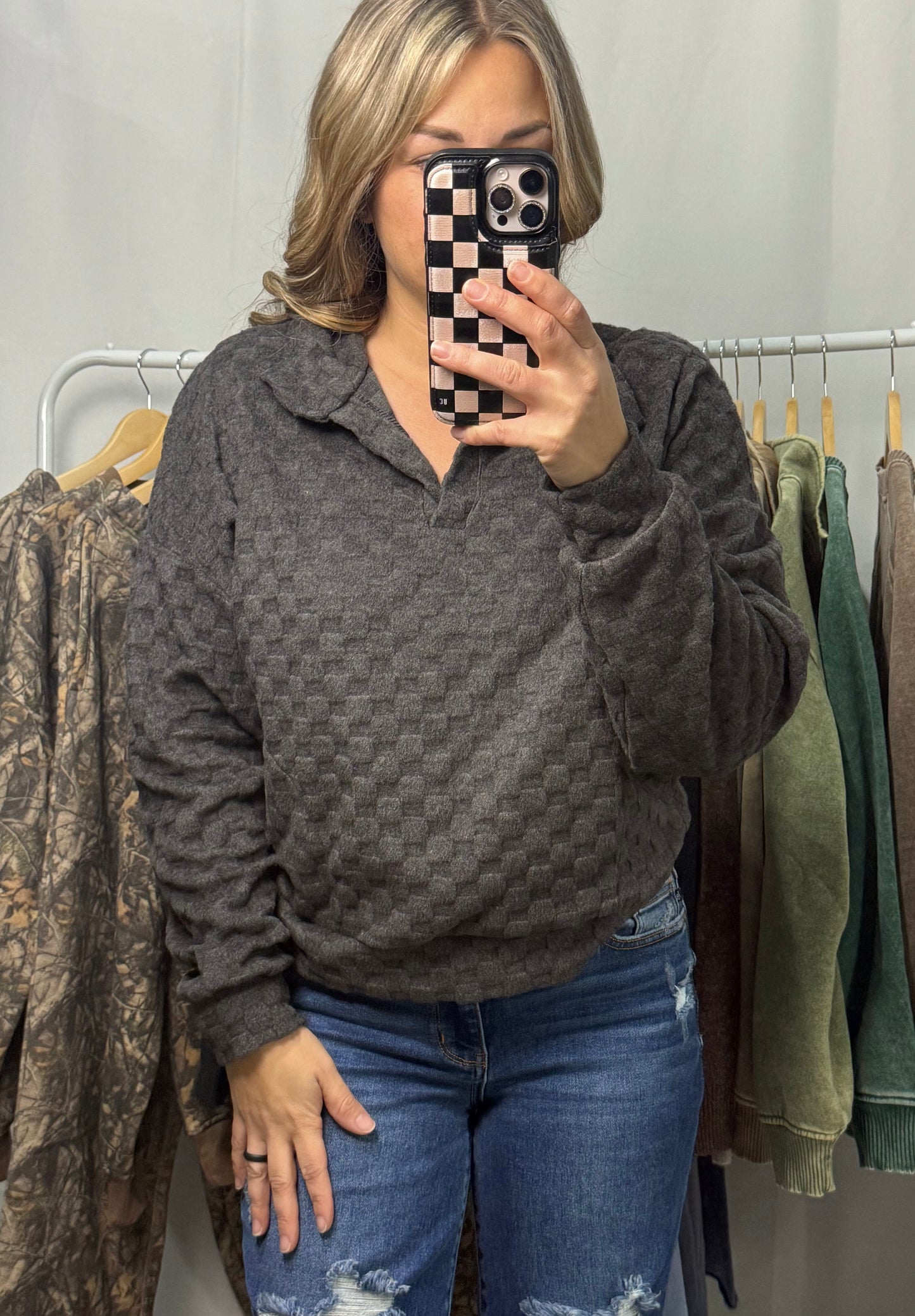 Textured Collared Pullover - Charcoal