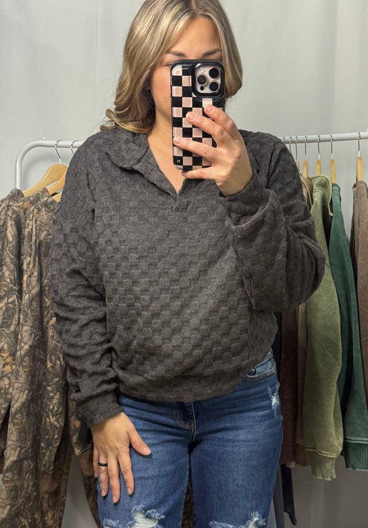 Textured Collared Pullover - Charcoal