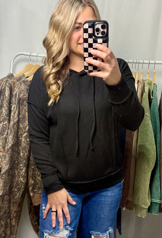 Black Soft Ribbed Hooded Long Sleeve