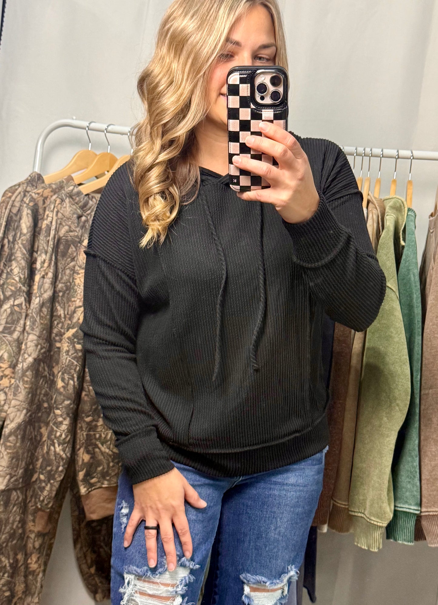 Black Soft Ribbed Hooded Long Sleeve