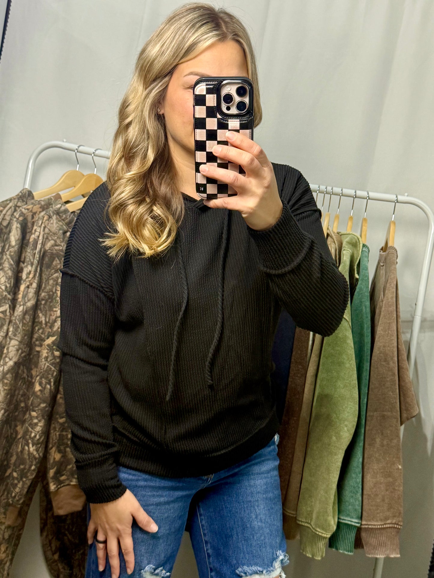 Black Soft Ribbed Hooded Long Sleeve