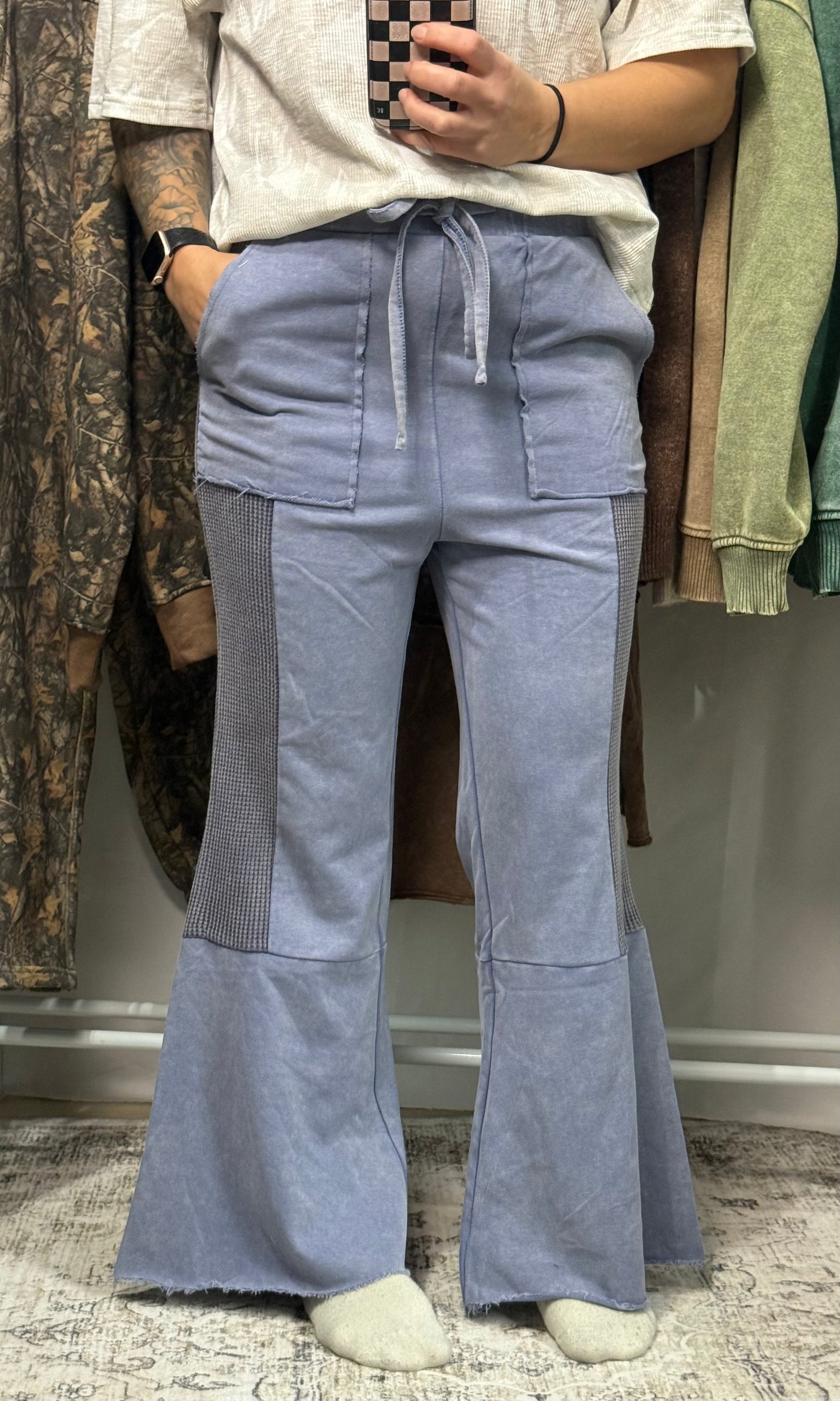 Vintage Washed Flared Panel Pants - Denim