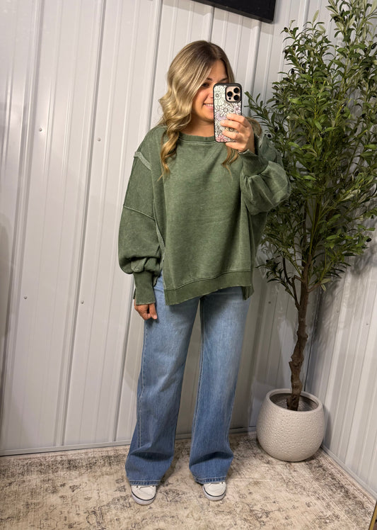 Evergreen Escape Acid-Wash Batwing Sweatshirt