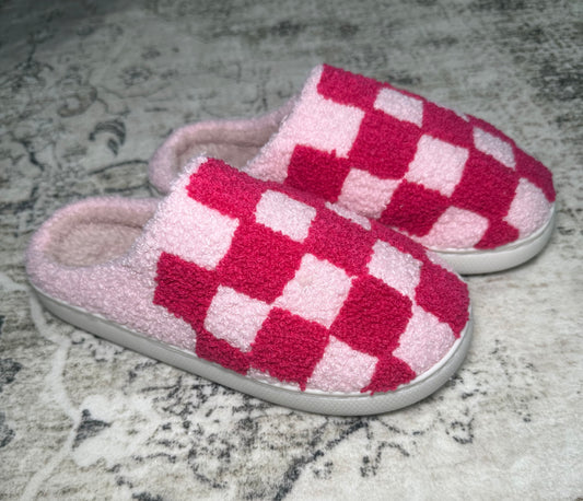 Pink Checkered Plush Slippers
