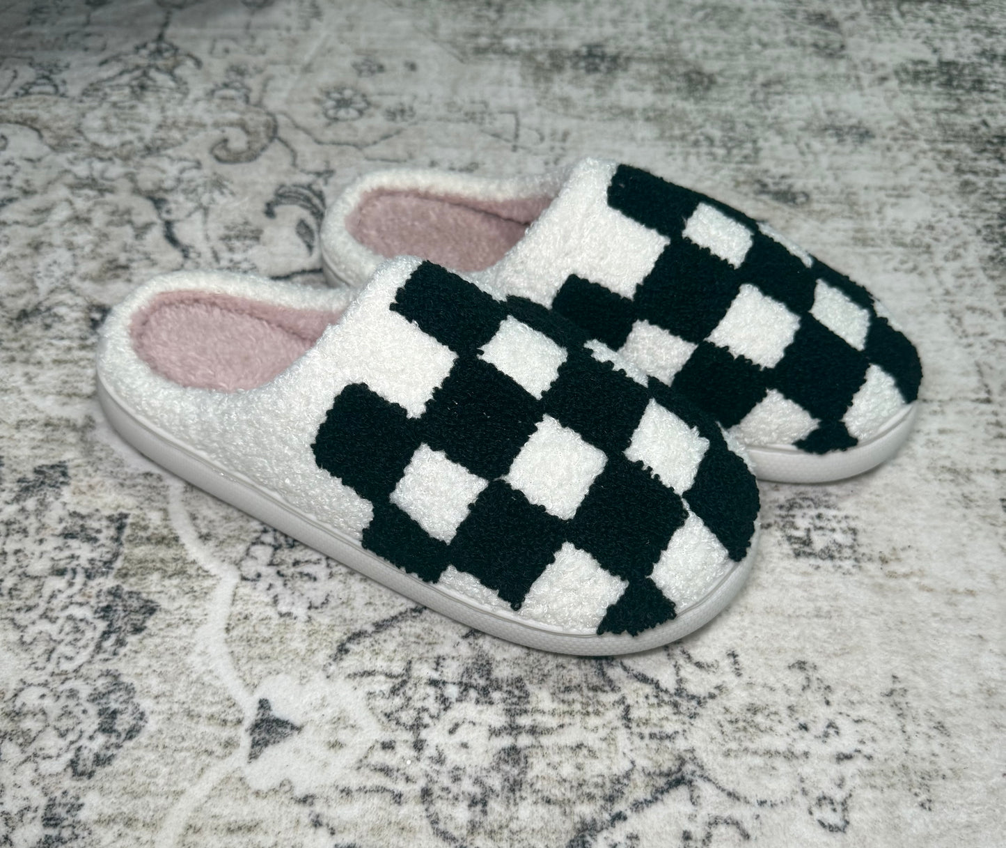 Black Checkered Plush Slippers