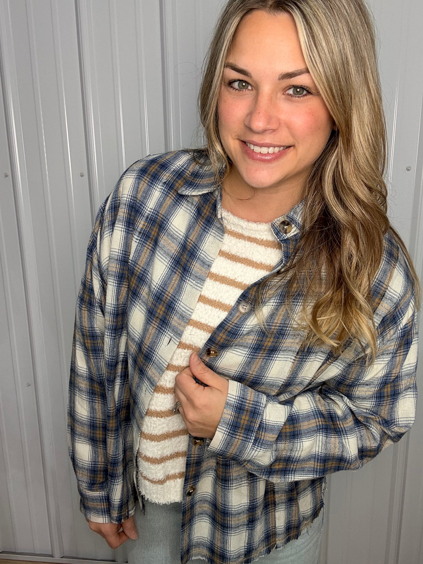 Raw Hem Denim Plaid Collared Shirt