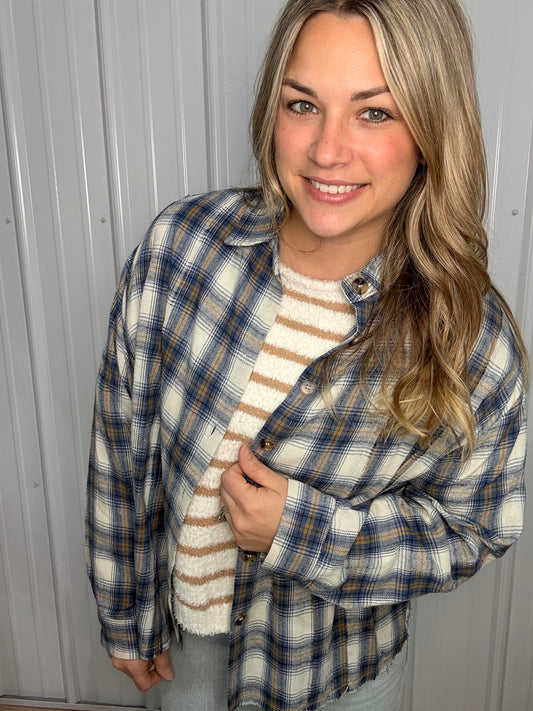 Raw Hem Denim Plaid Collared Shirt