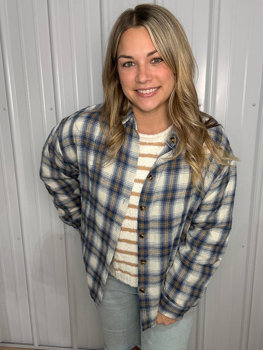 Raw Hem Denim Plaid Collared Shirt