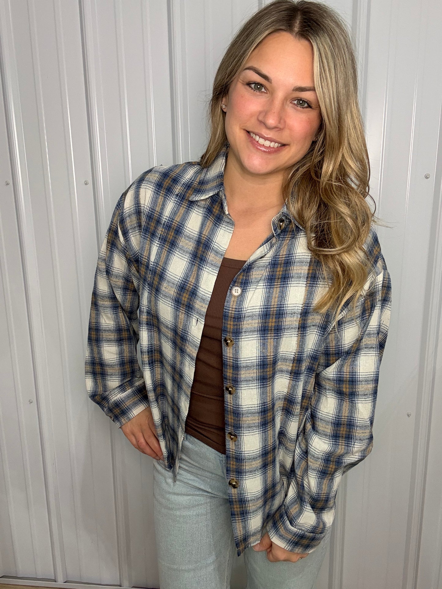 Raw Hem Denim Plaid Collared Shirt