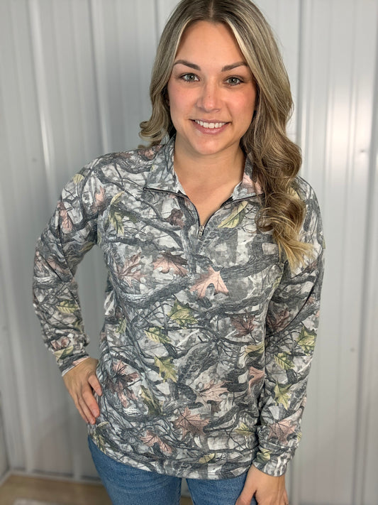 Camo Ribbed Quarter Zip Pullover