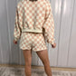 Beige Checkered Print Crewneck Crop Set