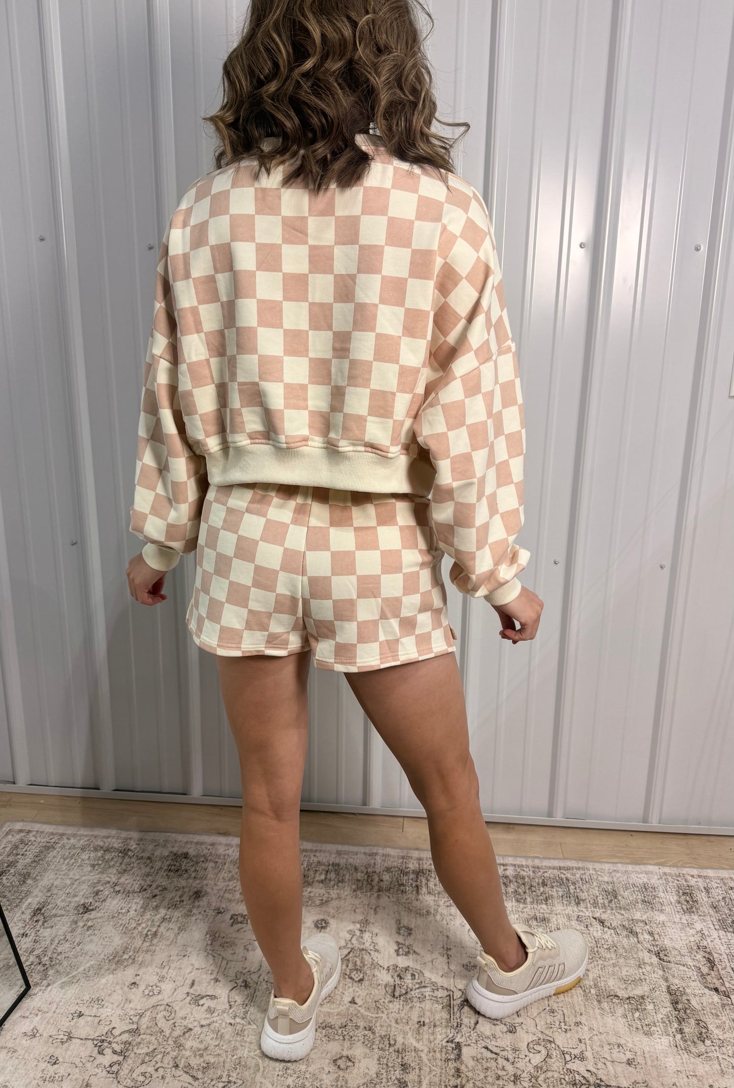 Beige Checkered Print Crewneck Crop Set