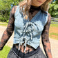 Floral Washed Denim Tie Vest