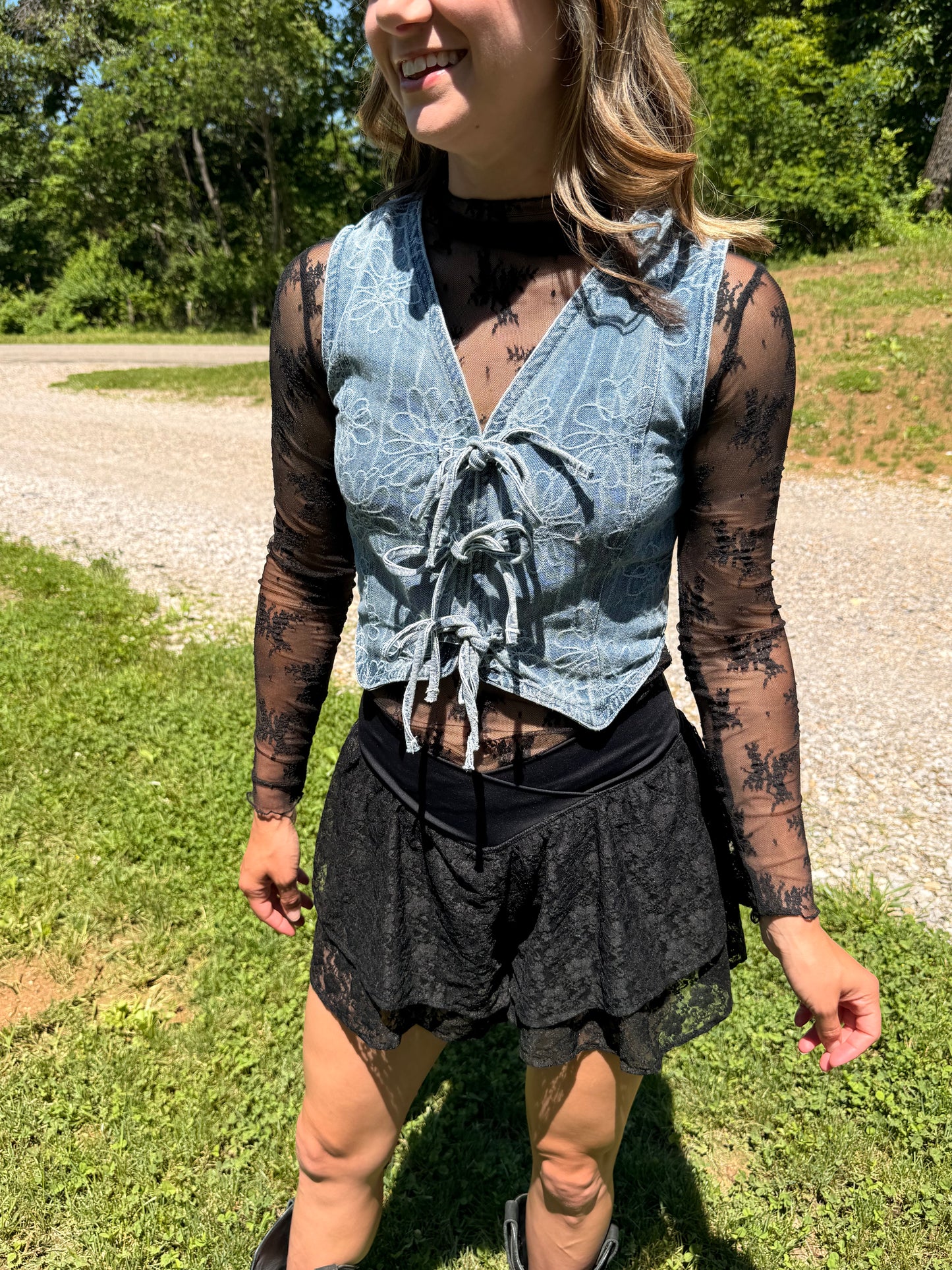 Floral Washed Denim Tie Vest
