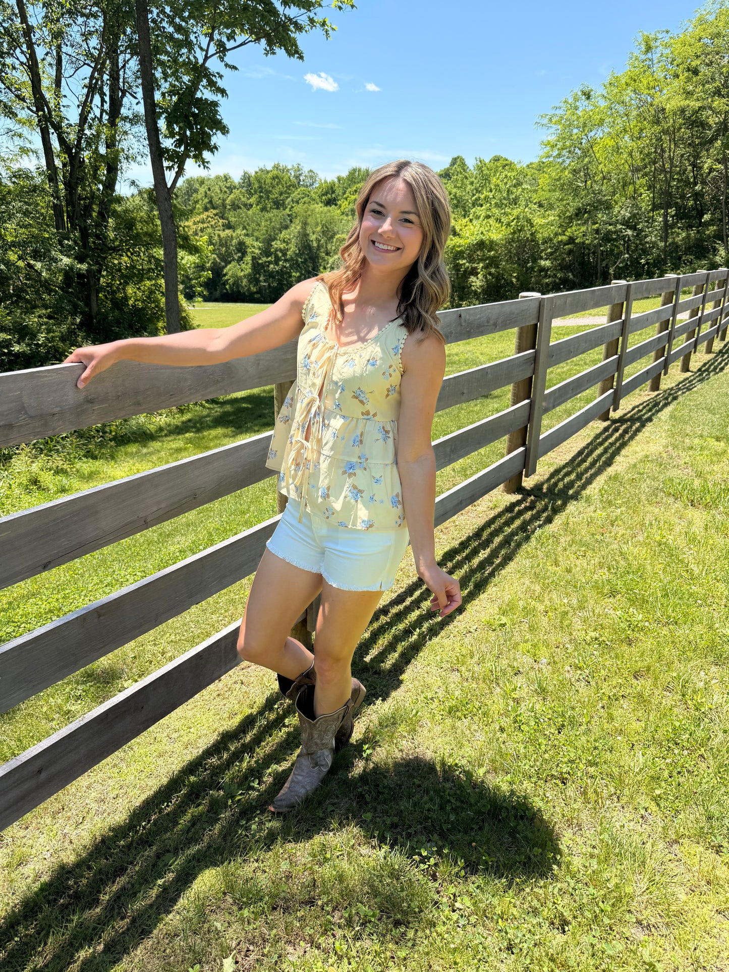 Ladies Boho Floral Print Tie Front Scoop Neck Sleeveless Top