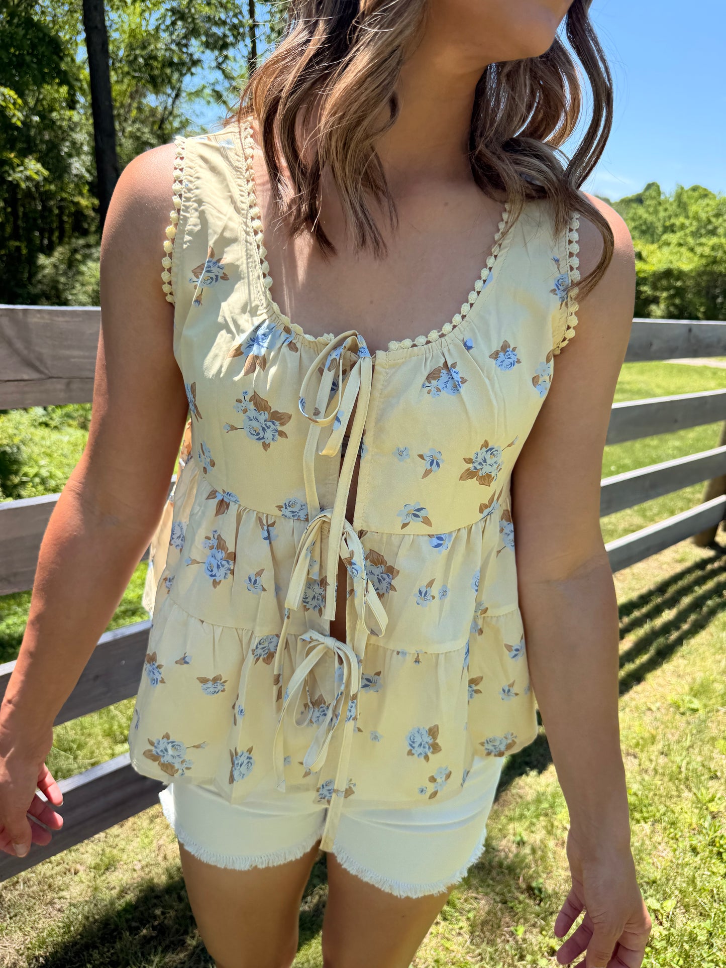Ladies Boho Floral Print Tie Front Scoop Neck Sleeveless Top