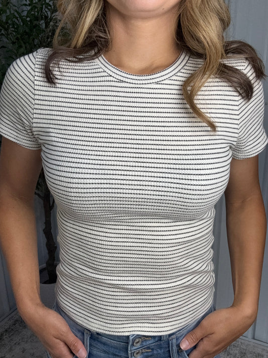 Ribbed Everyday Striped Tee - WHT/BLK