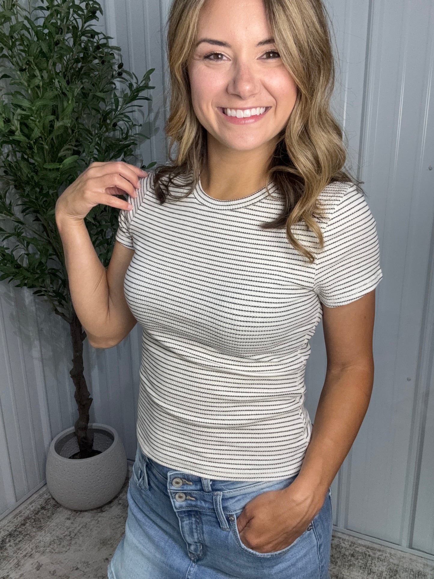 Ribbed Everyday Striped Tee - WHT/BLK