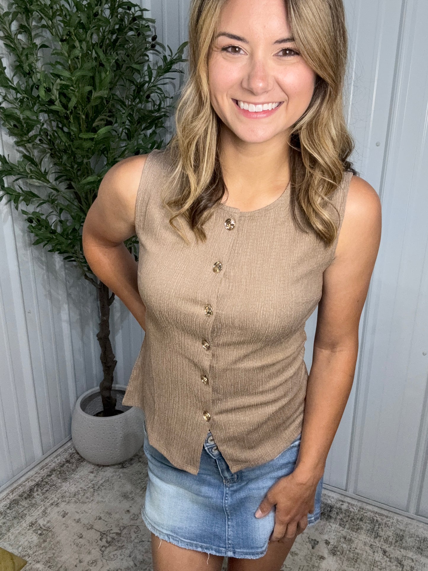 Texture Knit Button Tank - Taupe