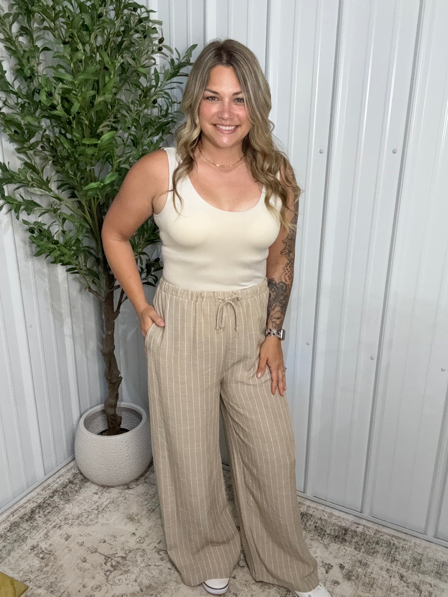 Pinstriped Linen Wide Leg Pants - Khaki