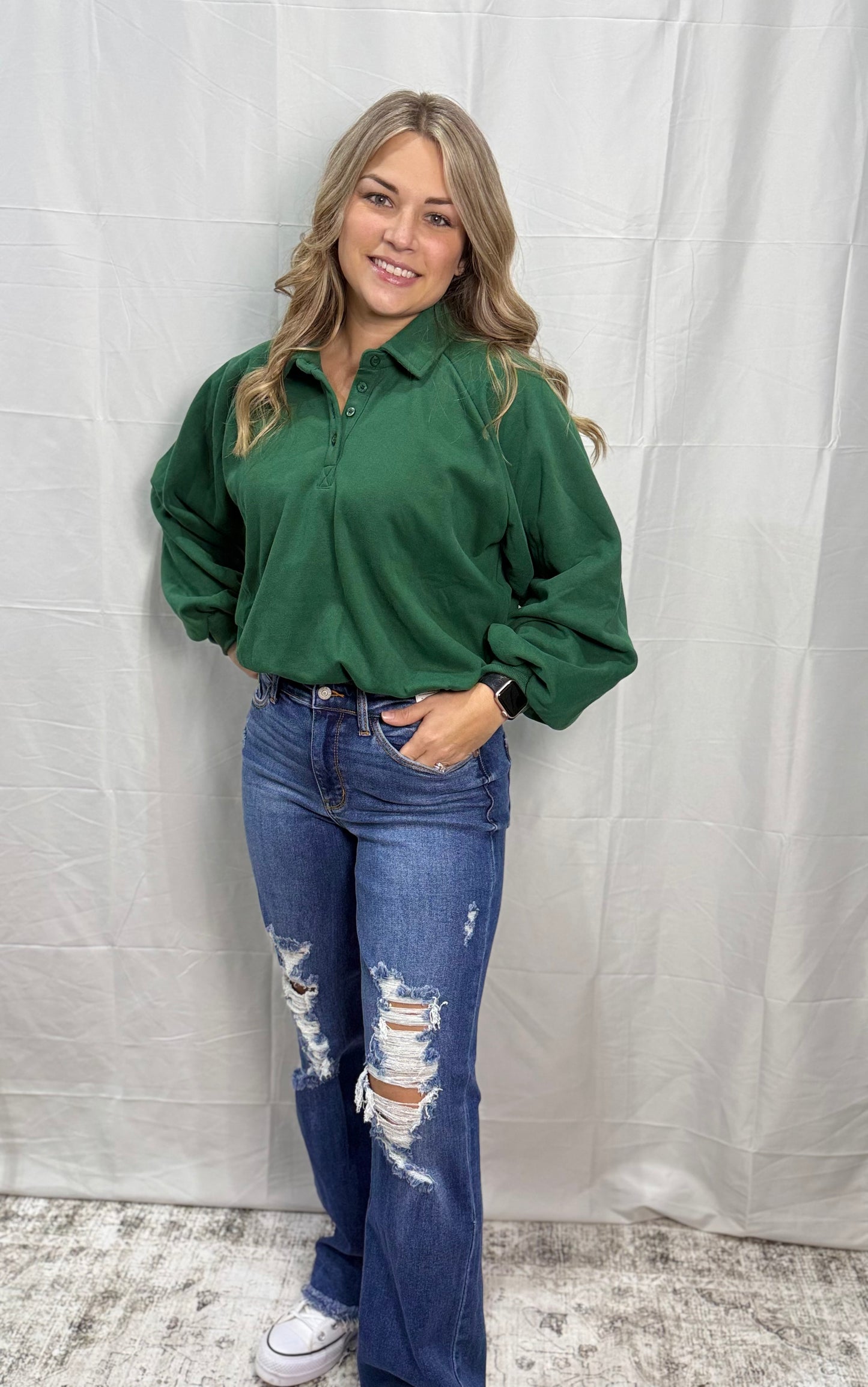 Cinched bottom Long-Sleeve Polo - HUNTER GREEN