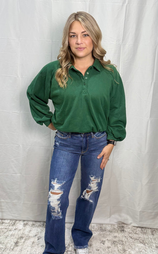 Cinched bottom Long-Sleeve Polo - HUNTER GREEN