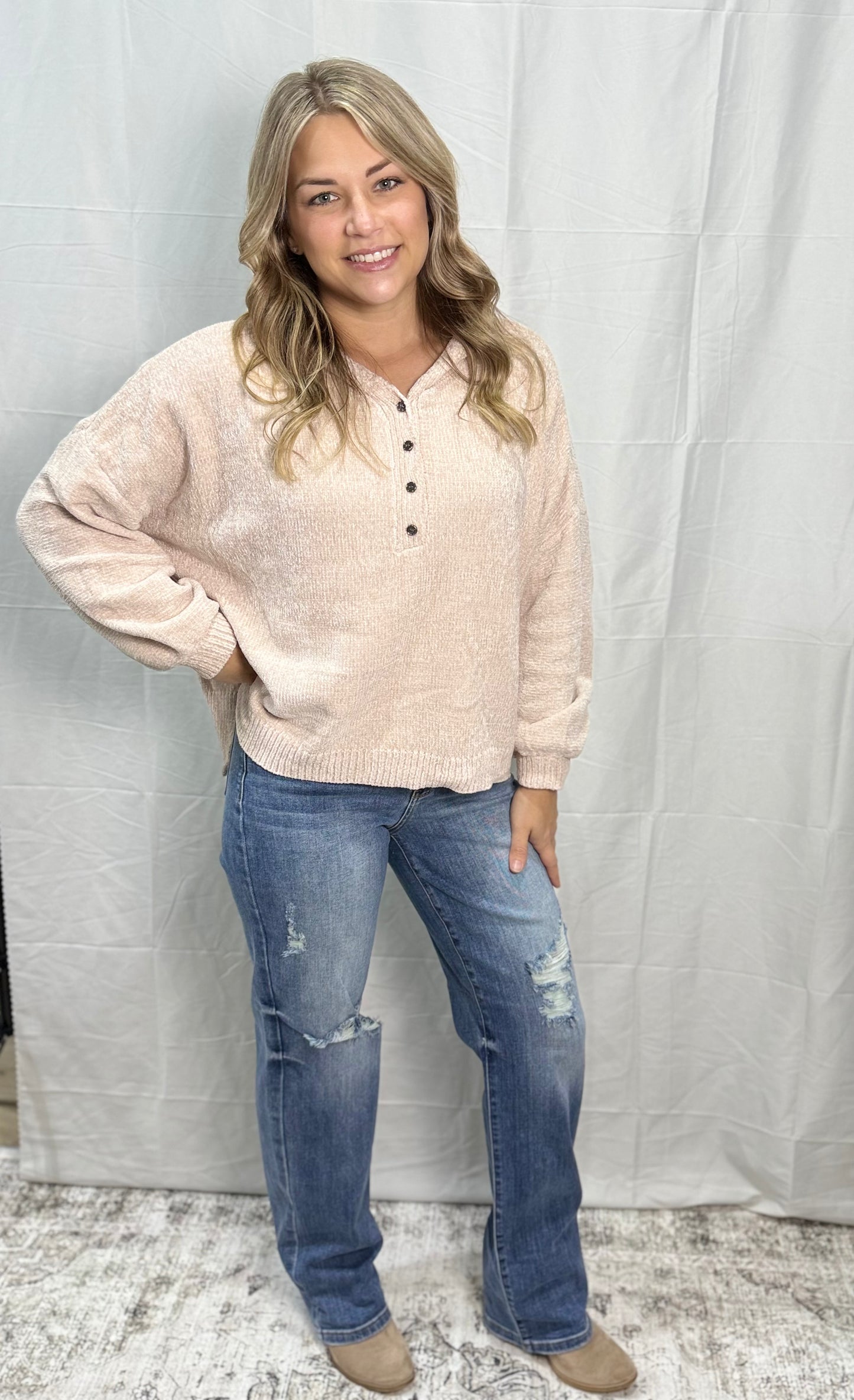 Oversized Button-Up Knit Sweater - BLUSH